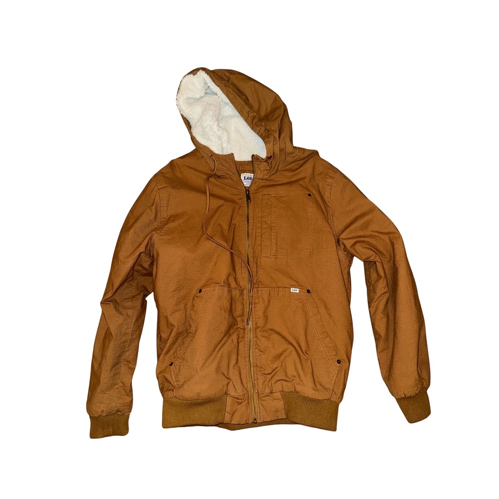 Lee Workwear Mens Brown Canvas Sherpa Lined Hooded Bomber Jacket Size Medium